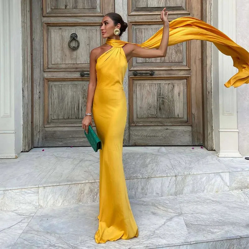 Ribbon Halter Backless Maxi Dress