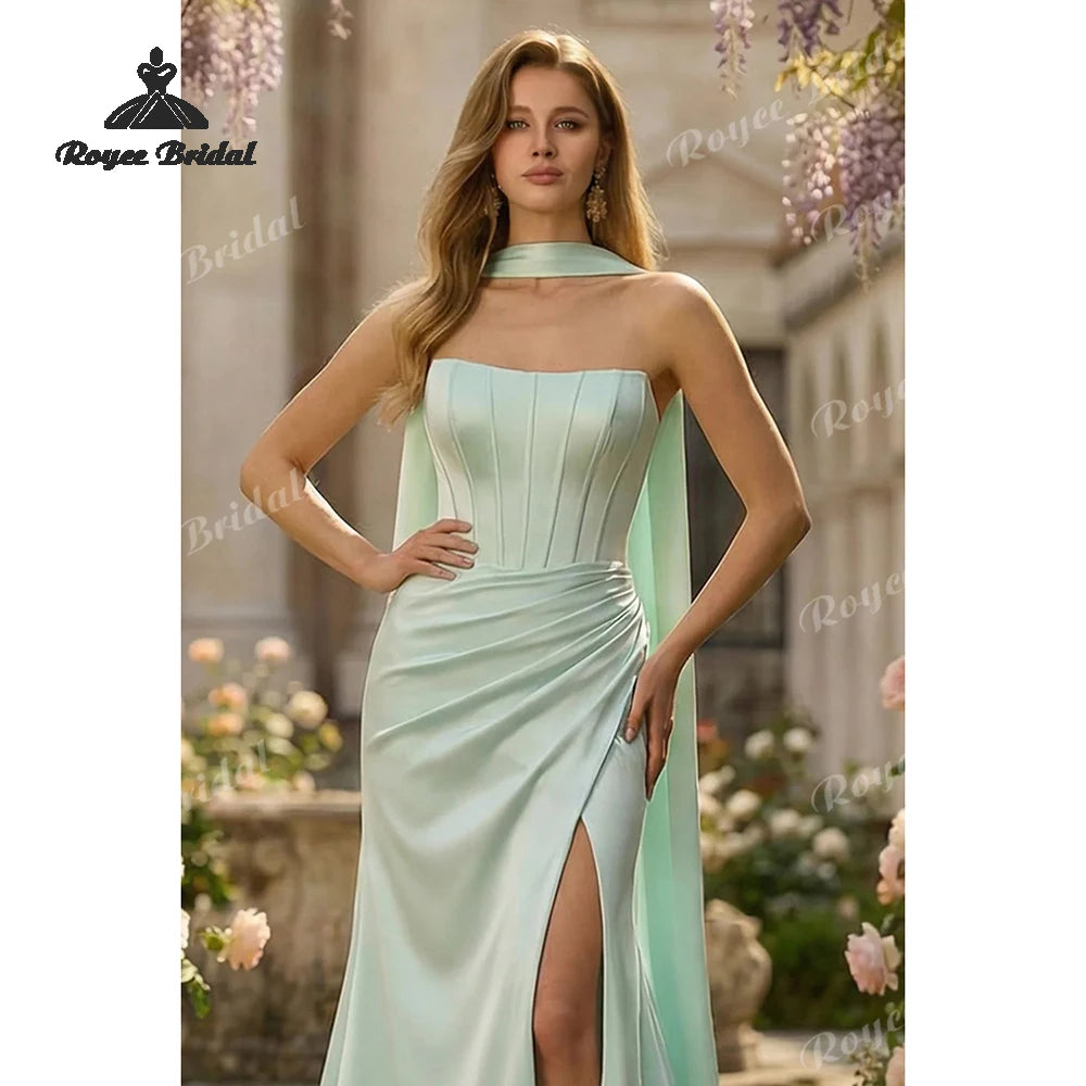 Strapless Mermaid Prom Dresses 2026 Neck Scarf Side Slit Formal Evening Gowns Customized vestidos de fiesta elegantes