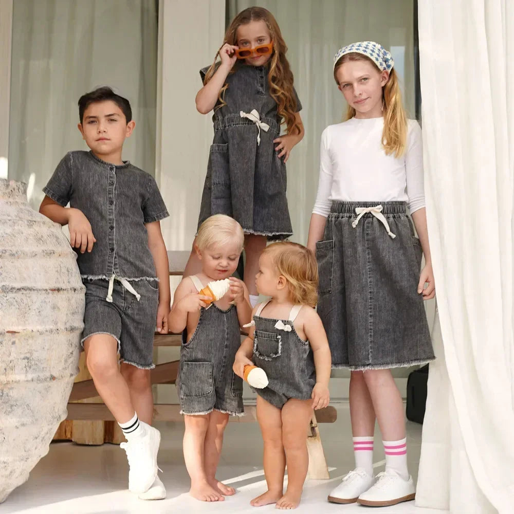 AP 2025 spring summer denim collection boys girls fashion cotton washed jeans family dress shirt skirt