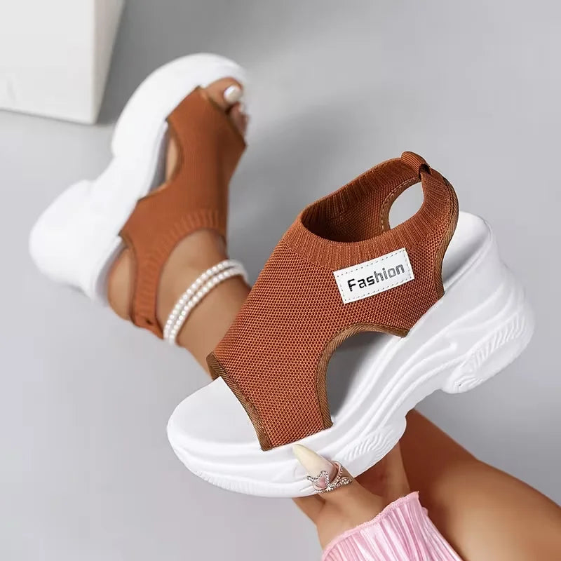 Women Sandals Breathable Wedge Platform Sport Sandals Summer Korean Version Fish Mouth Shoes Fashion Knitting Mesh Shoes Women