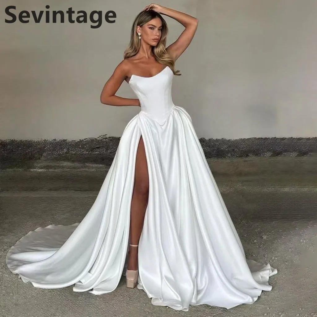 Sevintage 2025 Elegant A Line Satin High Slit Strapless Wedding Dress Customized Bridal Gowns Robe de mariée