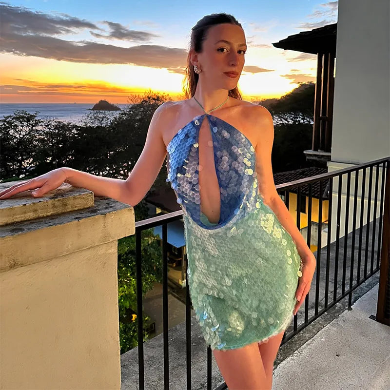 Sequin Halter Backless Mini Dress