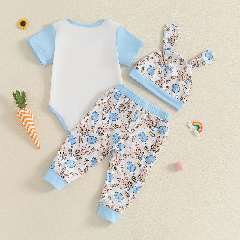 Baby Boy 3-Piece Easter Outfit Set – Romper Pants & Hat
