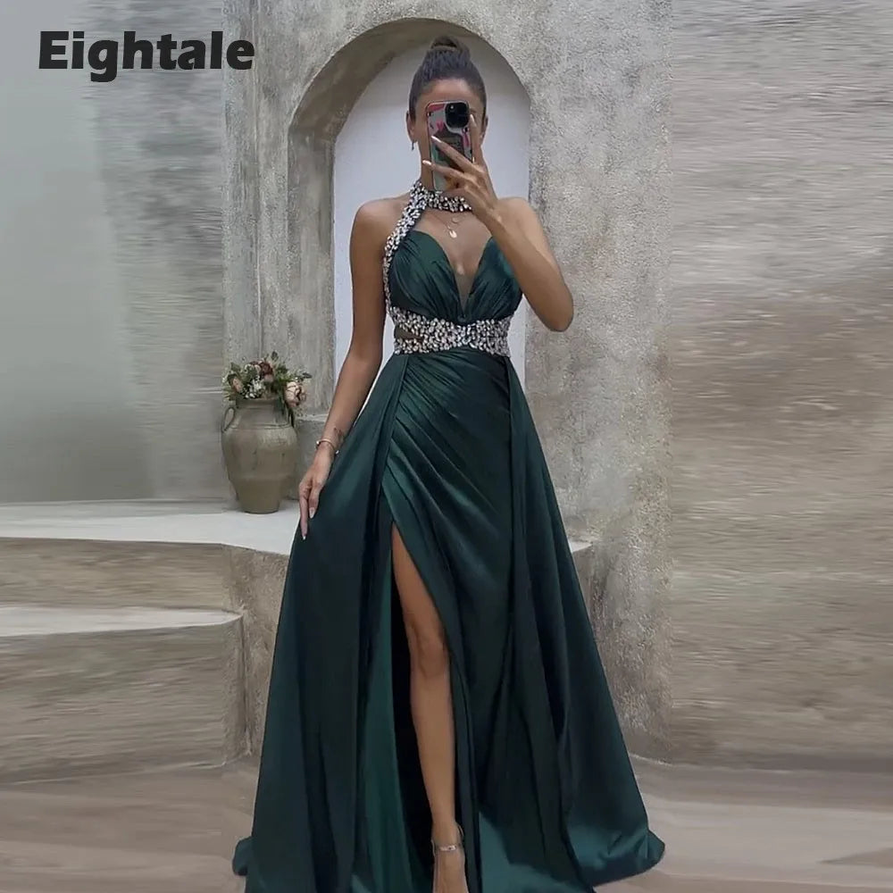 Eightale Dark Green Satin Beaded Evening Dress