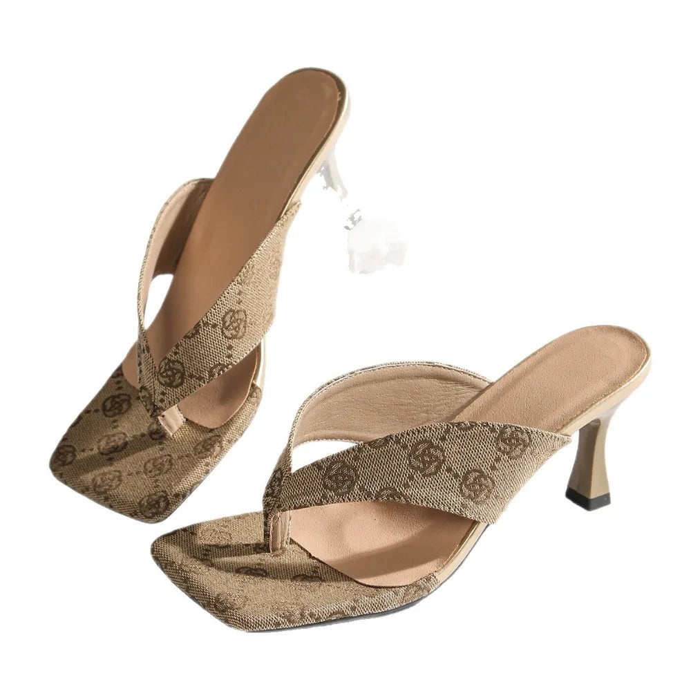 Women Sandals Fashion Dress Party Shoes Elegant High Heels Slippers Women Brand Designer Printed Thin Heeled Sandals Woman
