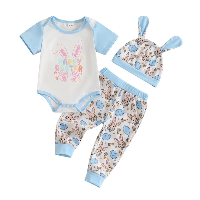 Baby Boy 3-Piece Easter Outfit Set – Romper Pants & Hat