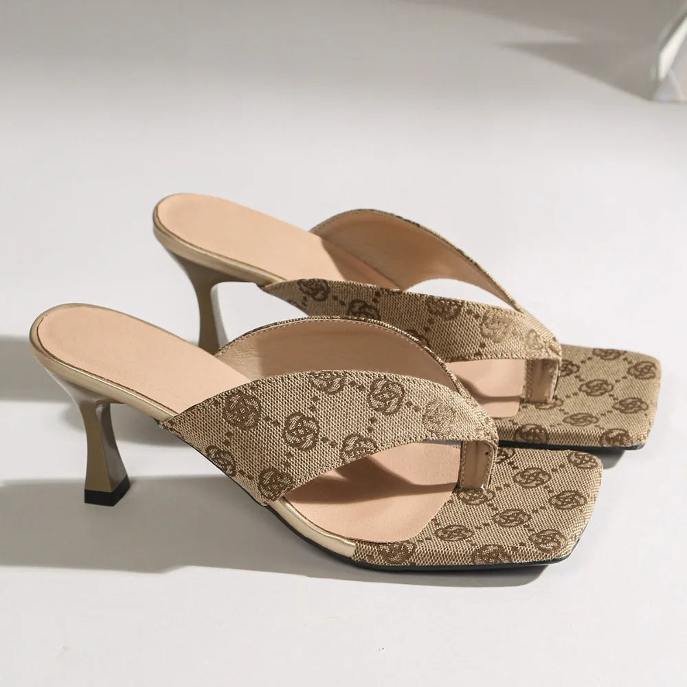 Women Sandals Fashion Dress Party Shoes Elegant High Heels Slippers Women Brand Designer Printed Thin Heeled Sandals Woman