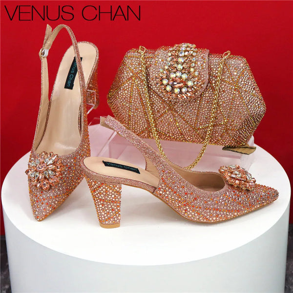 Sandals Woman Summer 2024 African Women Wedding Shoes Slip on Women Party Shoes Decorated with Rhinestone Shoe and Bag Set