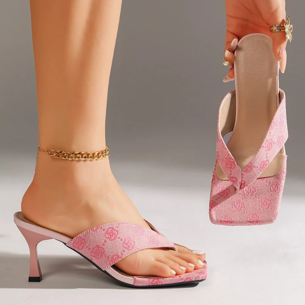 Women Sandals Fashion Dress Party Shoes Elegant High Heels Slippers Women Brand Designer Printed Thin Heeled Sandals Woman