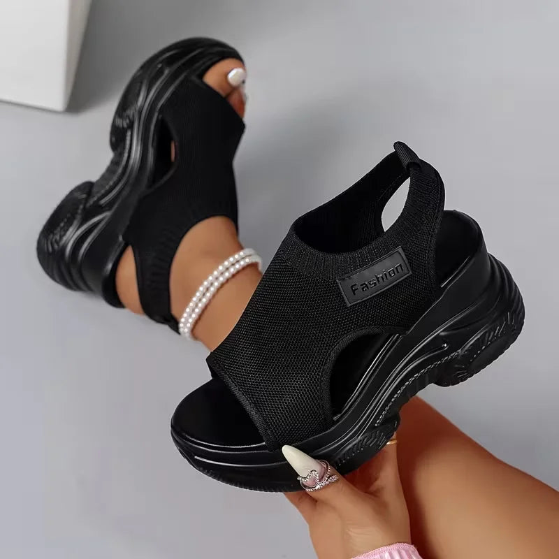 Women Sandals Breathable Wedge Platform Sport Sandals Summer Korean Version Fish Mouth Shoes Fashion Knitting Mesh Shoes Women