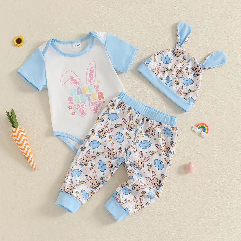 Baby Boy 3-Piece Easter Outfit Set – Romper Pants & Hat