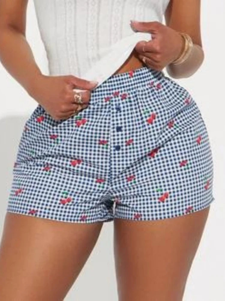 Cherry Plaid High-Waist Shorts