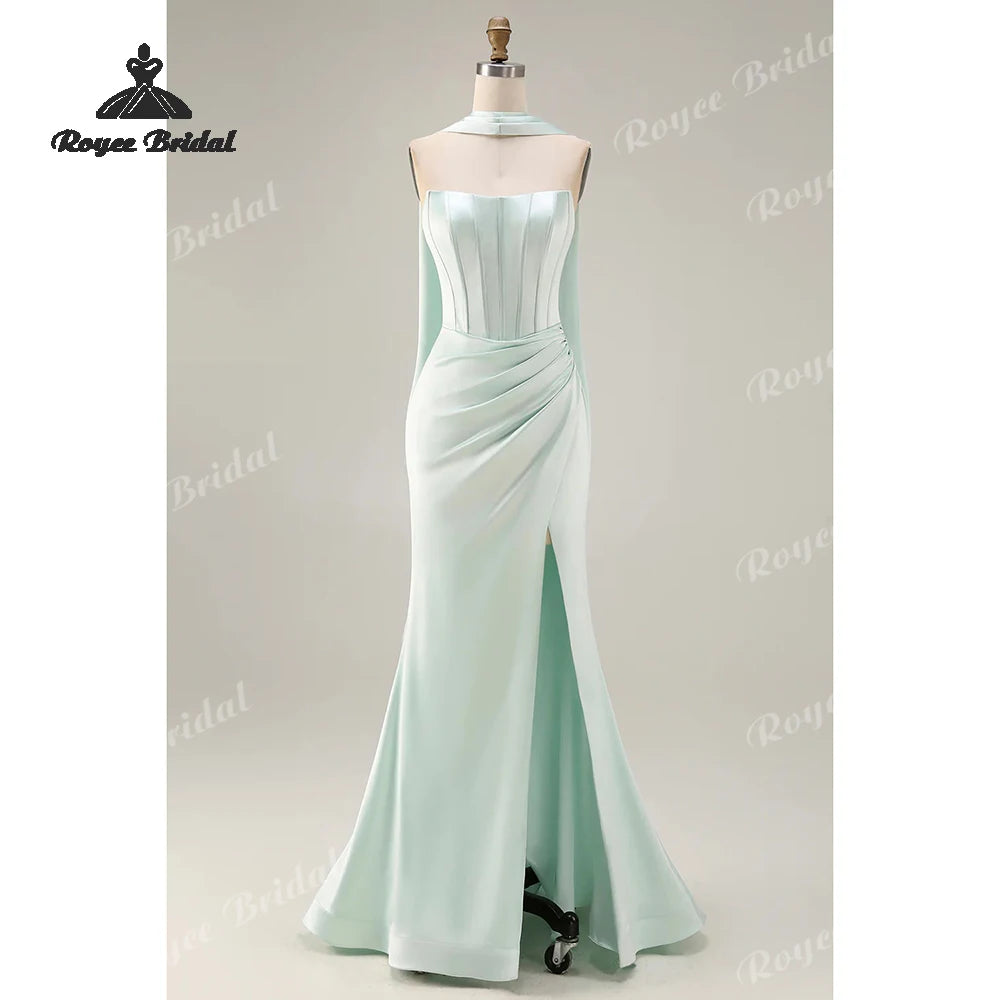 Strapless Mermaid Prom Dresses 2026 Neck Scarf Side Slit Formal Evening Gowns Customized vestidos de fiesta elegantes