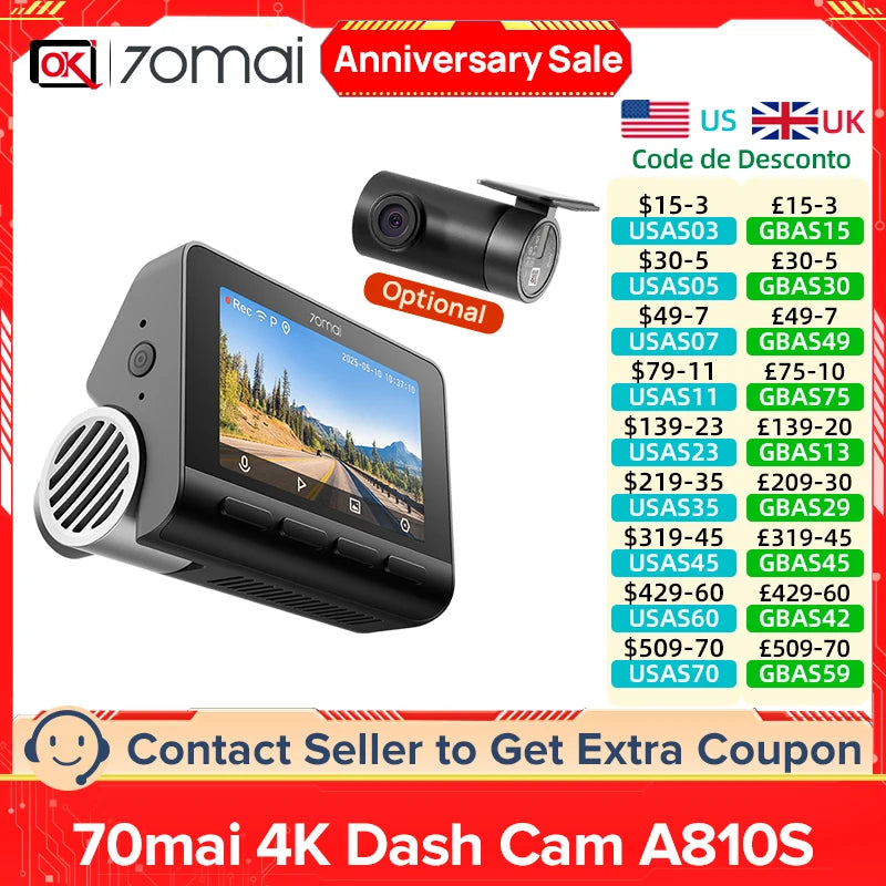 70mai 4K Dash Cam A810S Dual Sensor Front 4K 30FPS Rear 1080P HDR Buffered Emergency Recording Supercapacitor Night Vision