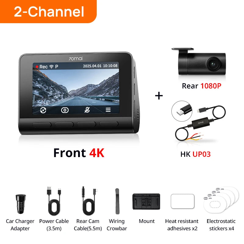 70mai 4K Dash Cam A810S Dual Sensor Front 4K 30FPS Rear 1080P HDR Buffered Emergency Recording Supercapacitor Night Vision