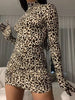OMSJ Christmas Dress Women 2025 Fall Long Sleeve Leopard Print Skinny Mini Dress With Glove Bodycon Turtleneck Vintage Partywear