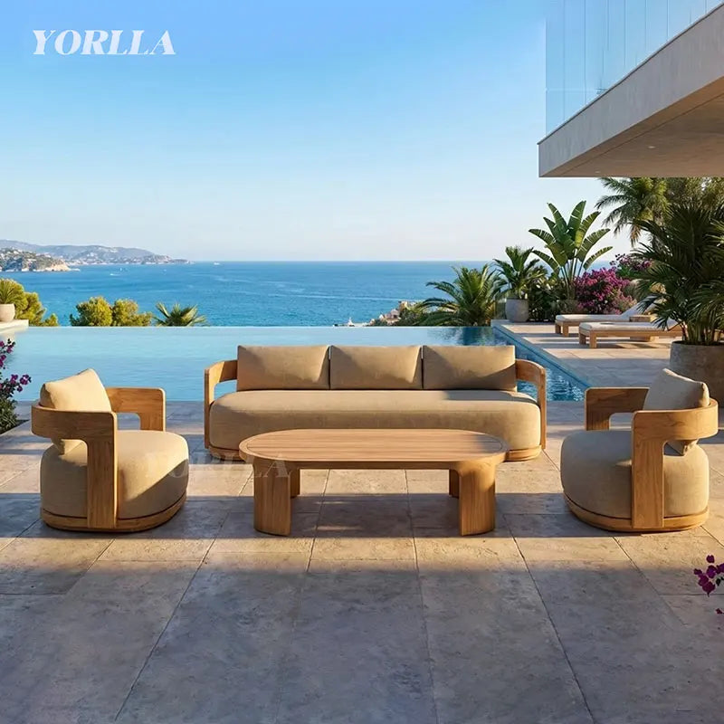 Modern Outdoor Teak Fire Pit Luxury Garden Sofa Set