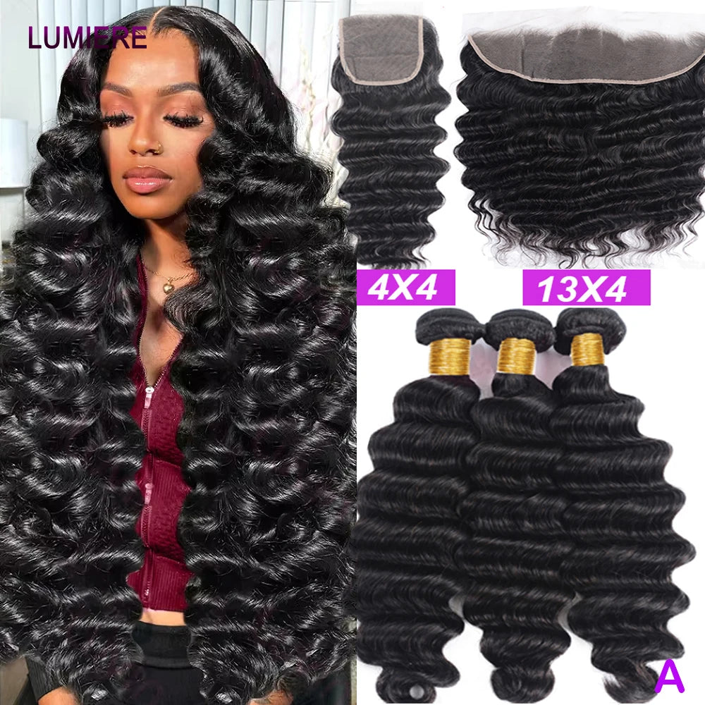 30'' Wholesale Loose Deep Wave Human Hair Bundle With Closure Frontal HD Transparent 100% Raw Virgin Peruvian 16A Hair Extension