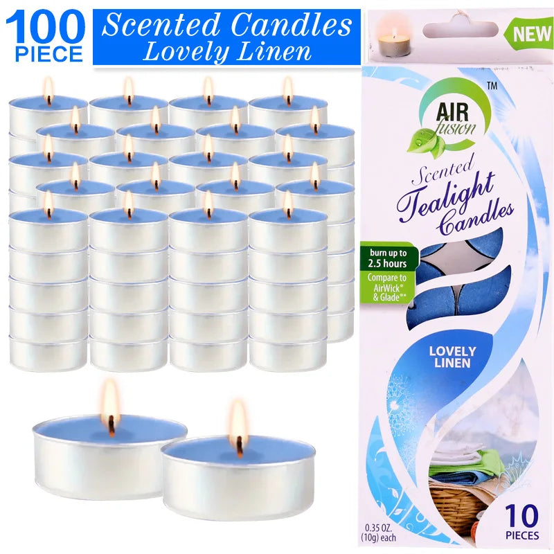 Air Fusion 100 Count Tea Lights Candles Blue Lovely Linen Scented 2.5 Hours Smoke-free Drip-free And Long-lasting Aromatherapy