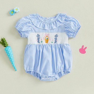 Adorable Toddler Girls Easter Outfit with Bunny Embroidery Ruffled Sleeves and Round Neckline - Cute Summer Romper
