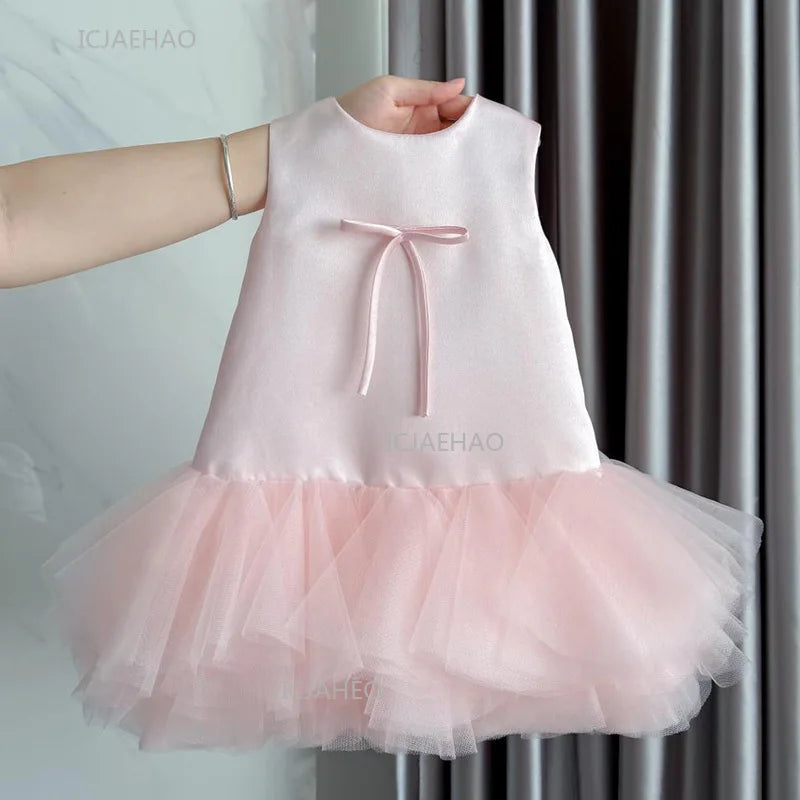 Girls' Pink Princess Party Dress with Mesh Skirt