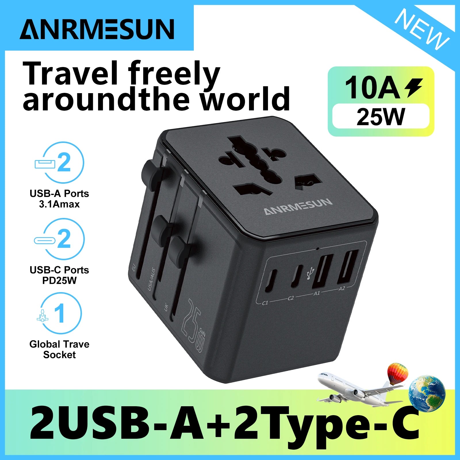 Universal Travel Adapter 4-in-1 with USB-C PD 65W