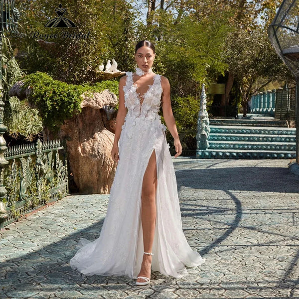 Boho 3D Floral Tulle Wedding Dress with Slit 2026