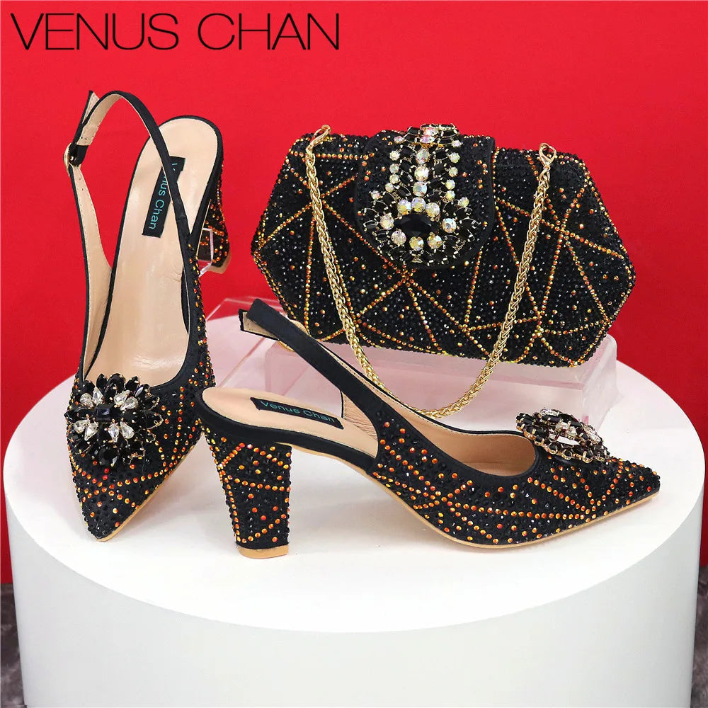 Sandals Woman Summer 2024 African Women Wedding Shoes Slip on Women Party Shoes Decorated with Rhinestone Shoe and Bag Set