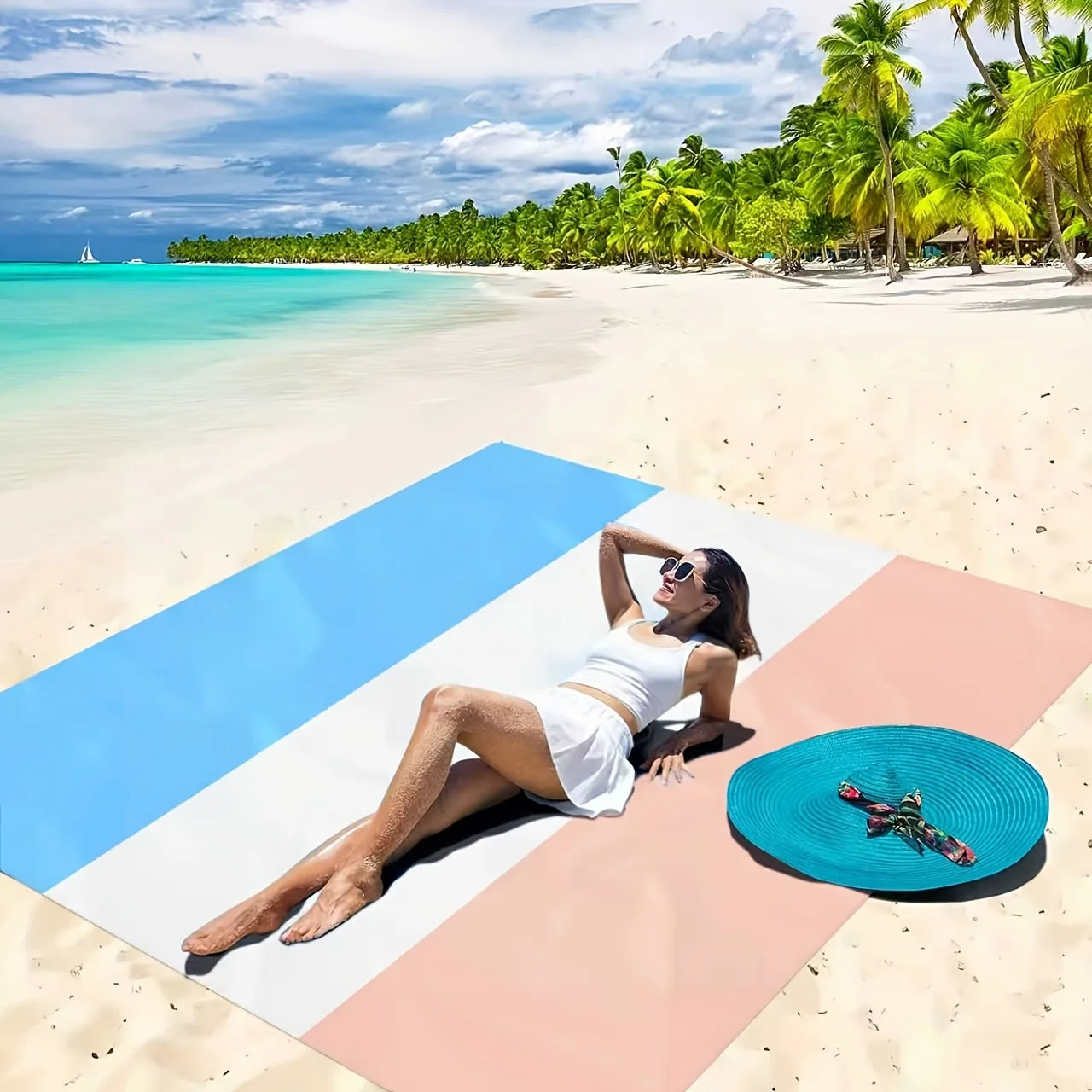 Blue White Striped Sandproof Waterproof Beach Mat