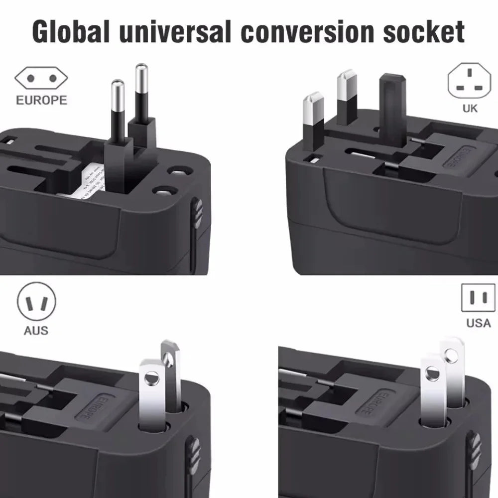 Universal Travel Adapter — UK/EU/US/AU with USB-A and USB-C Ports