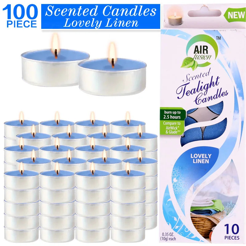 Air Fusion 100 Count Tea Lights Candles Blue Lovely Linen Scented 2.5 Hours Smoke-free Drip-free And Long-lasting Aromatherapy
