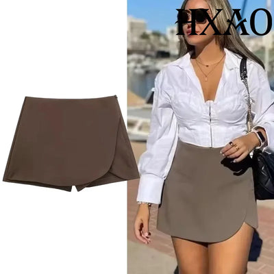 HXAO Women's Skort High Waist Brown Skirt Pants Stylish Summer Pink Black Mini Skirt Shorts Asymmetric Casual Off White Skort
