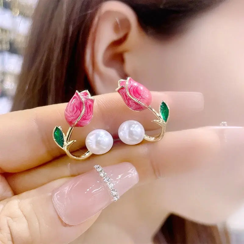 ZAKOL Fresh Rose Stud Earrings with Imitation Pearl Sweet Pink Tulip Earrings Exquisite New Accessories for Women Trendy Jewelry