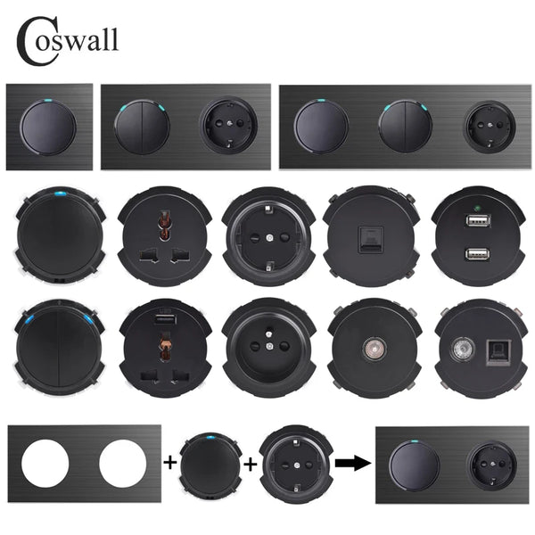 COSWALL R12 Black Aluminum Panel Wall Switch EU French Socket USB Charger Female TV RJ45 CAT6  Modules DIY Free Combination