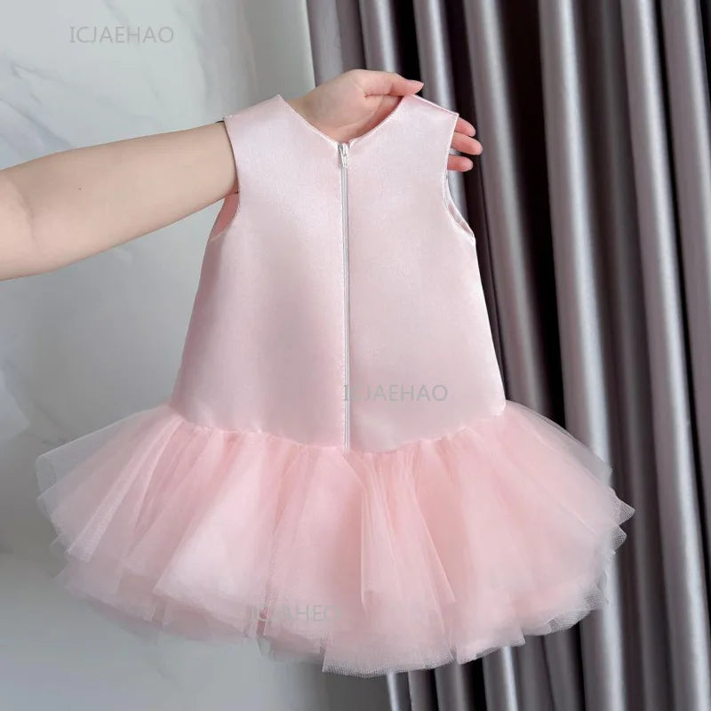 Girls' Pink Princess Party Dress with Mesh Skirt