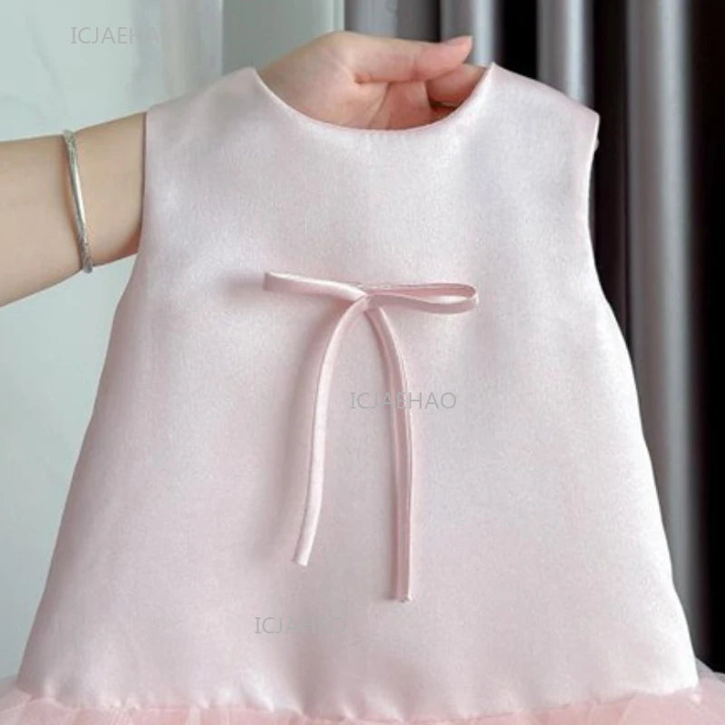 Girls' Pink Princess Party Dress with Mesh Skirt