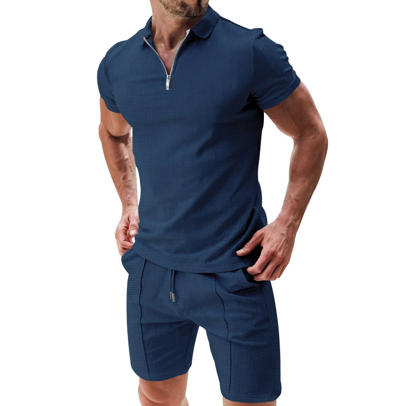 2-Piece Casual Waffle Suit Zipper Short-Sleeve Set