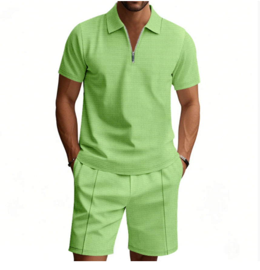 2-Piece Casual Waffle Suit Zipper Short-Sleeve Set