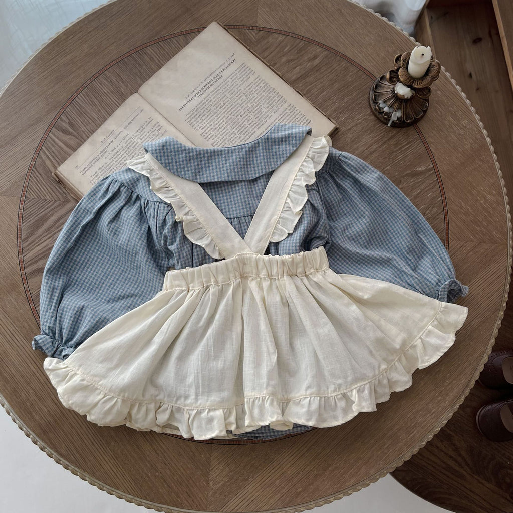 Infant Plaid Long Sleeve Romper and Sling Skirt Set