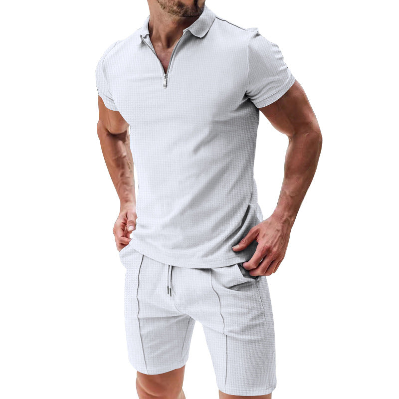 2-Piece Casual Waffle Suit Zipper Short-Sleeve Set