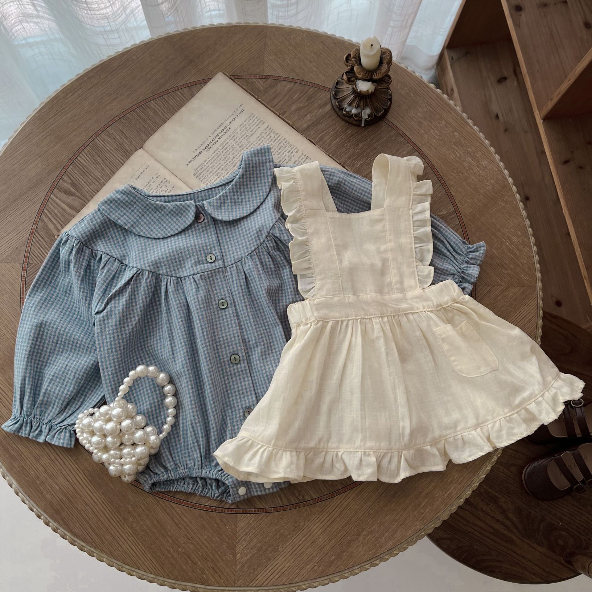 Infant Plaid Long Sleeve Romper and Sling Skirt Set