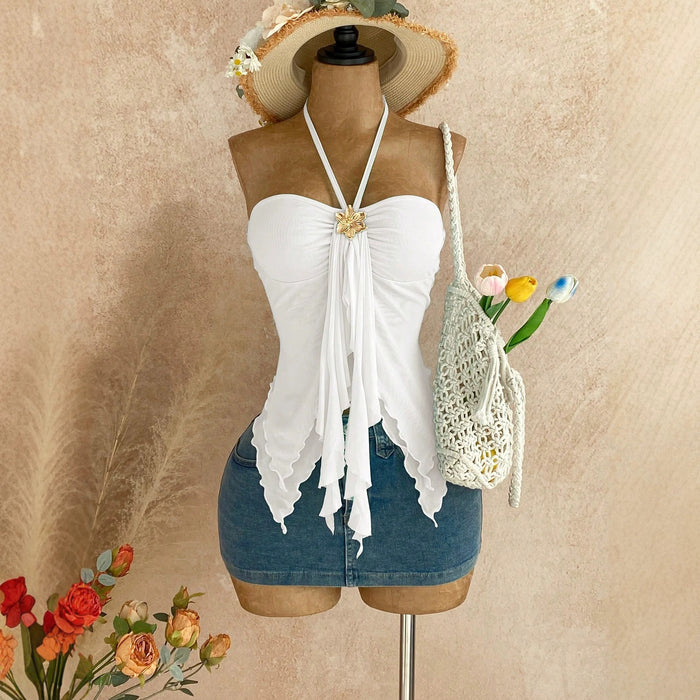 Womens Solid-color Double-layer Mesh Halter Tube Top Vest